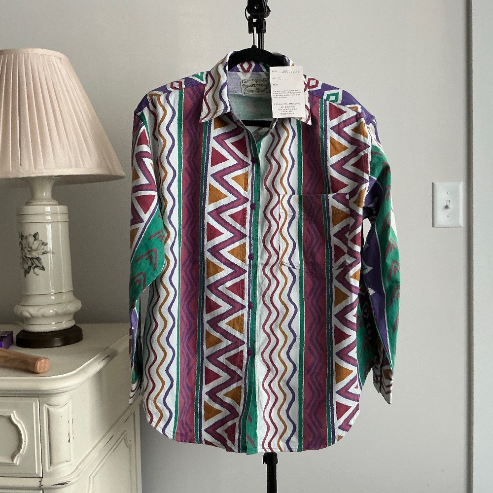 Vintage 1980s Rosettes brand NWT Women's L graphic button front shirt